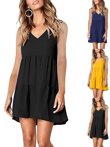 Women Summer Casual V-Neck Sleeveless Tiered Mini Dress Loose Solid Color Ruffle Babydoll Sun Dress For Vacation Daily