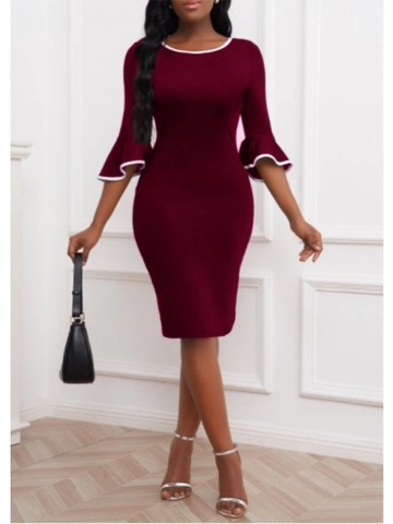 Damen Elegant Bodycon Midi Kleid Mit Glockenärmel Kontrastpaspelierung Slim Fit Rundhals Einfarbig Büro Party Kleid