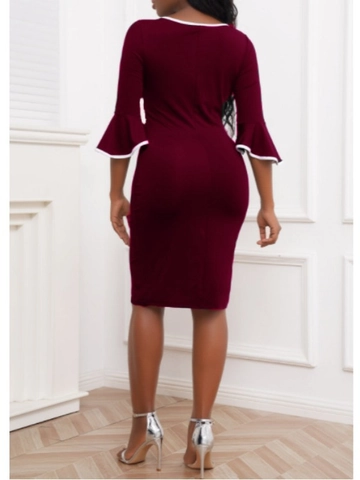 Damen Elegant Bodycon Midi Kleid Mit Glockenärmel Kontrastpaspelierung Slim Fit Rundhals Einfarbig Büro Party Kleid
