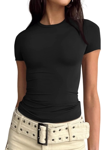 Women's Casual Short Sleeve T-Shirt Round Neck Slim Fit Solid Color Base Layer Pullover Top For Summer Daily Wear