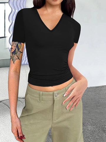 Women Casual V Neck Short Sleeve T-Shirt Slim Fit Solid Color Crop Top Polyester Spandex Stretchy Basic Summer Top For Lady