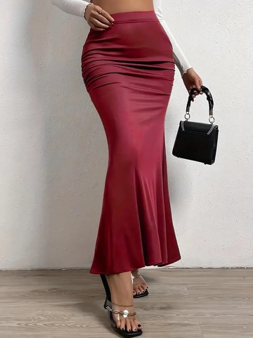 Women's Elegant High Waist Ruched Mermaid Maxi Skirt Slim Fit Hip Hugging Solid Color Side Ruched Long Skirt For Party Daily