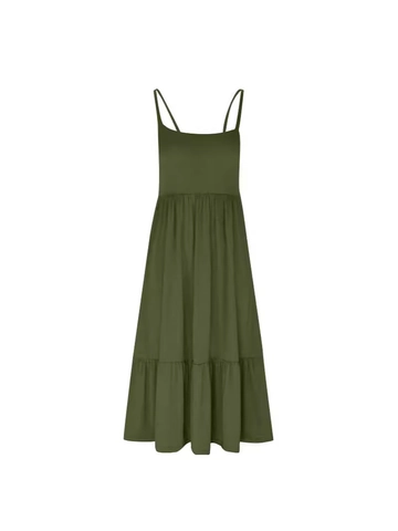 Women Casual Spaghetti Strap Tiered Midi Dress Square Neck Solid Color Sleeveless Tiered Sundress For Summer Beach Vacation