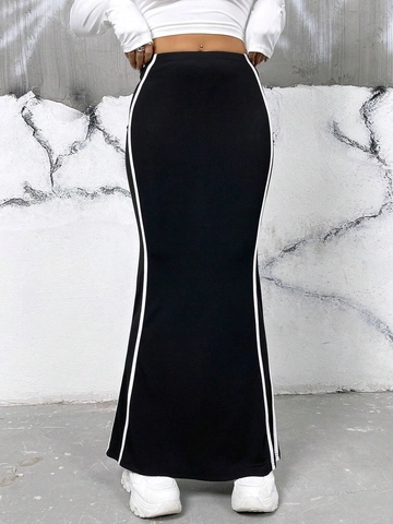 Damen Elegant Hohe Taille Bodycon Maxirock Seitenstreifen Kontrast Strick Schmale Passform Midi Rock Für Herbst Alltag