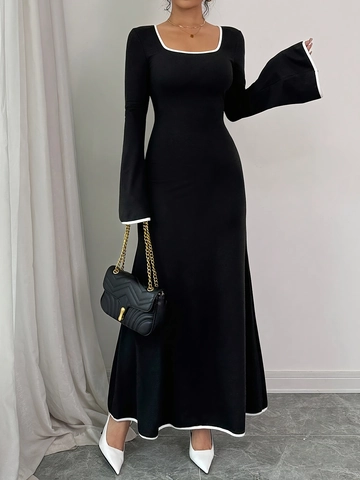 Women Elegant Contrast Trim Square Neck Maxi Dress Flared Long Sleeve Slim Fit Bodycon Evening Party Long Dress