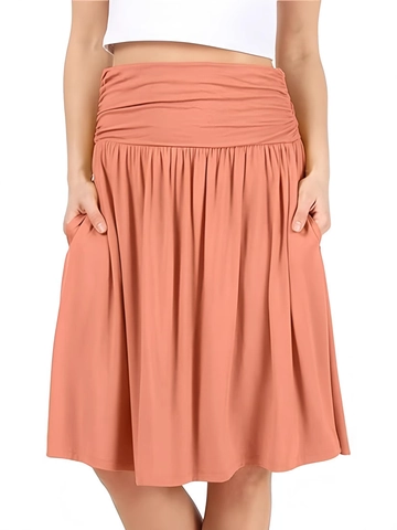 Damen Midi Rock mit Hoher Taille und Smok-Bund Lässiger A-Linien Faltenrock mit Taschen Einfarbig Weicher Rock