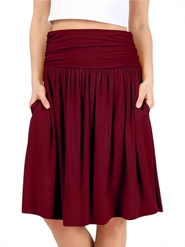 Damen Midi Rock mit Hoher Taille und Smok-Bund Lässiger A-Linien Faltenrock mit Taschen Einfarbig Weicher Rock