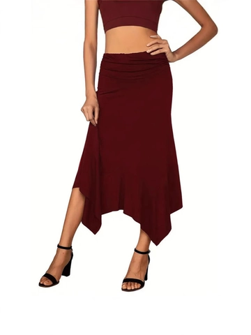 Damen Hohe Taille Gerafft Asymmetrisch Midirock Elegant Einfarbig Taschentuchsaum Stretch Polyester Casual Rock