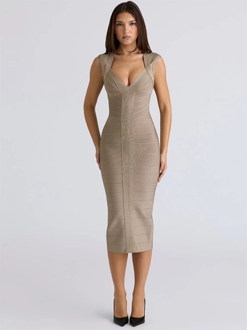 Women's V-Neck Sleeveless Bandage Dress Slim Fit Elegant Slit Mid-Length Bodycon Party Cocktail Club Midi Dress