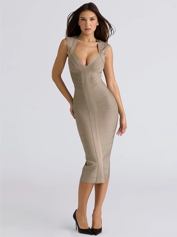 Women's V-Neck Sleeveless Bandage Dress Slim Fit Elegant Slit Mid-Length Bodycon Party Cocktail Club Midi Dress