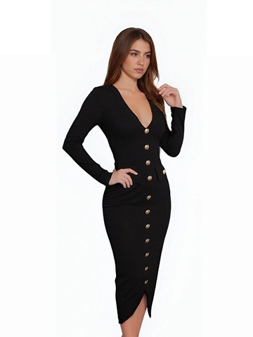 Vestido Midi Ajustado de Manga Larga con Cuello en V para Mujer Elegante Vestido Vendaje Ajustado con Botones Dorados Fiesta