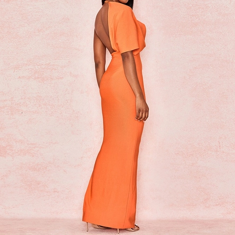 Women V Neck Backless One Shoulder Cape Sleeve Split Maxi Dress Elegant Bodycon Formal Evening Party Gown Orange Black