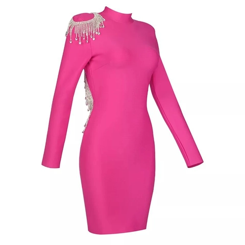 Rhinestone Tassel Rugloos Bodycon Mini Jurk Voor Vrouwen Sexy Hoge Hals Lange Mouw Feest Avond Club Uitgaan Korte Jurk
