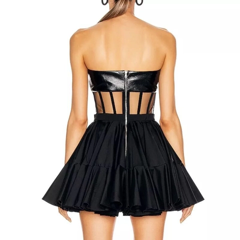 Abito Sexy da Donna Strapless Senza Schiena in Pelle PU e Mesh Patchwork Tutù Serata Festa Mini Abito con Volant Vita Alta