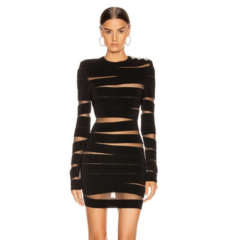 Sexy Women Mesh Splicing Bandage Dress Long Sleeve Metallic Button Bodycon Mini Dress For Nightclub Party Elegant Solid Black Top