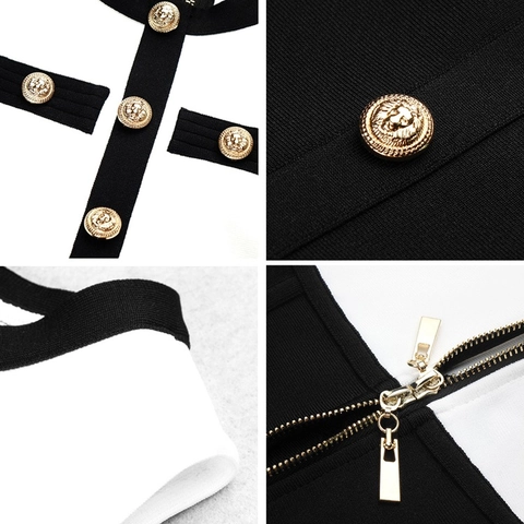 Damen Elegant Schwarz Weiß Patchwork Ärmellos Bodycon Midikleid Goldene Löwenknöpfe Schlanke Passform Bandage Party Bleistiftkleid