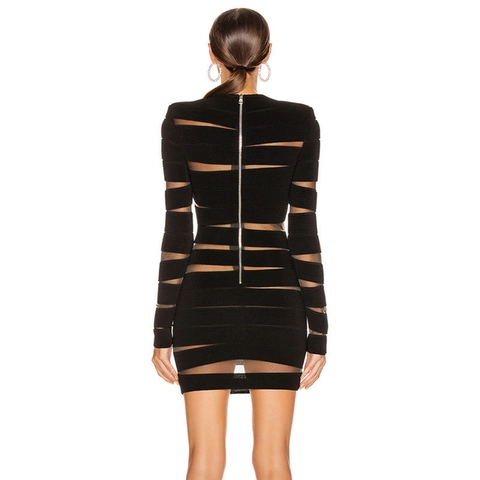 Sexy Women Mesh Splicing Bandage Dress Long Sleeve Metallic Button Bodycon Mini Dress For Nightclub Party Elegant Solid Black Top