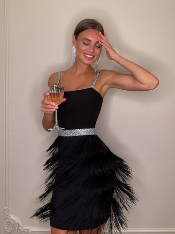 Women's Elegant Fringe Tassel Sequin Dress Spaghetti Strap Sleeveless Backless A-Line Party Cocktail Midi Dress