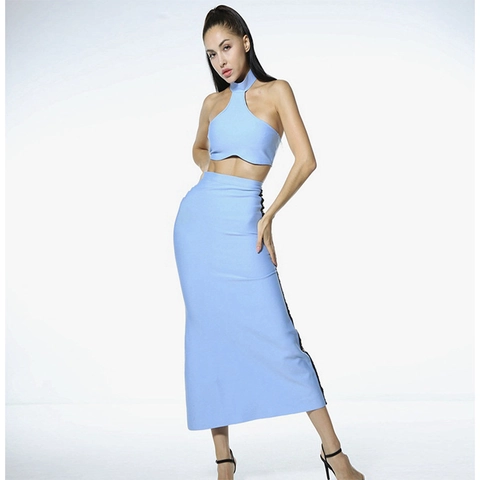 Women's Sexy Sky Blue Two Piece Set Halter Backless Crop Top and Bodycon High Waist Maxi Skirt Side Lace Up Party Banquet Dress