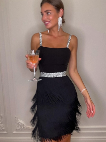 Women's Elegant Fringe Tassel Sequin Dress Spaghetti Strap Sleeveless Backless A-Line Party Cocktail Midi Dress