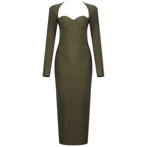 Vestido de Mujer Elegante Escote de Corazón Hombreras Calado Bodycon Midi Manga Larga Bustier Vestido de Noche Fiesta Vestidos
