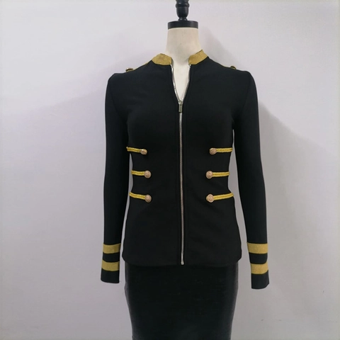 Women Military Style Slim Fit Jacket Gold Lion Head Buttons Braid Trim Stand Collar Short Coat Black Zipper Outerwear Tops