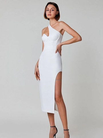 Sexy Ein Schulter Bodycon Midi Kleid Für Damen Elegant Rückenfrei Seitenschlitz Strass Kette Abend Party Kleid Clubwear