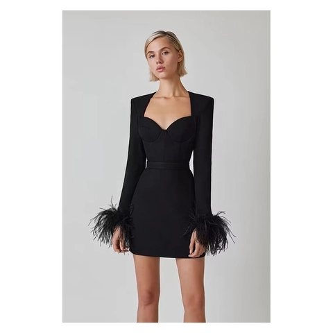 Vestido Corto Manga Larga Mujer Borde Plumas Corsé Escote Corazón Ajustado Bodycon Color Sólido Sexy Elegante Fiesta
