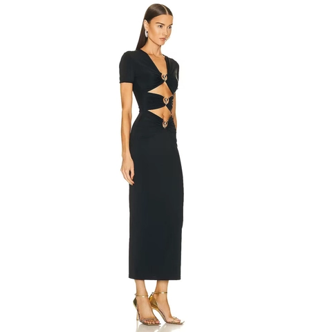 Damen Schwarz V-Ausschnitt Ausschnitt Maxikleid Mit Metallringen Kurzarm Bodycon Schlanke Passform Elegant Abendkleid Lang