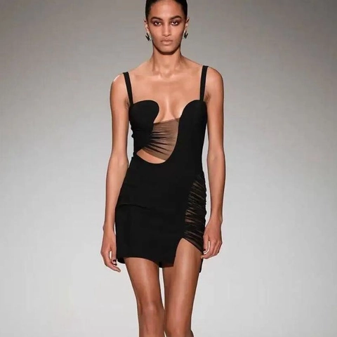 Women Sexy Hollow Out Mesh Patchwork Mini Dress Spaghetti Strap Bandage Bodycon Party Clubwear Sleeveless Black Dress