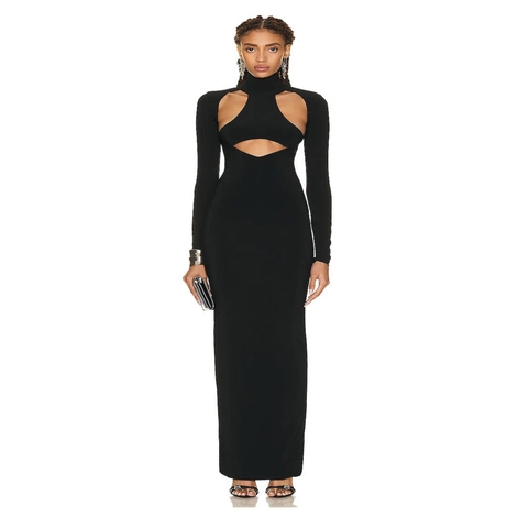 Robe Maxi Sexy Pour Femmes Avec Découpes Col Haut Manches Longues Coupe Ajustée Dos Nu Fente Soirée Fête Moulante