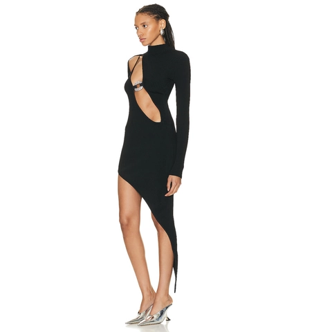 Damen Sexy Schwarz Hohl Geschnitten Asymmetrisches Maxikleid Stehkragen Langarm Strass Schnalle Geripptes Bodycon Abendkleid