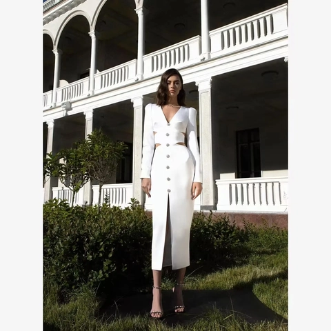 Damen V-Ausschnitt Langarm Cut-Out Maxi-Kleid Mit Strassknöpfen Schlitz Elegante Abendparty Galla-Kleid