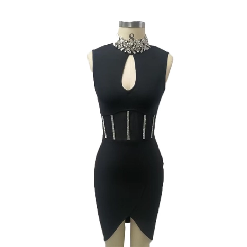 Women's Sexy Sleeveless Rhinestone Bodycon Dress Mesh Hollow Out Black Party Clubwear Evening Mini Bandage Dress
