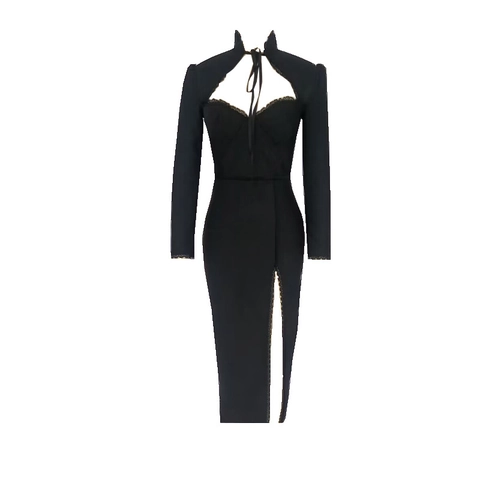 Damen Stehkragen Hohl Aus Langarm Abendkleid Elegant Schlitz Bodycon Maxi Partykleid Für Bankett