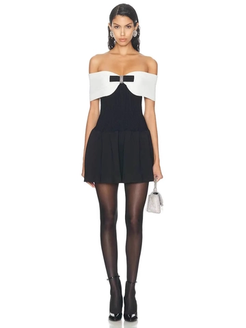 Vestido Mini Elegante de Mujer Bloque de Color Hombros Descubiertos Negro Blanco Lazo Strass Ajustado Verano Fiesta Banquete