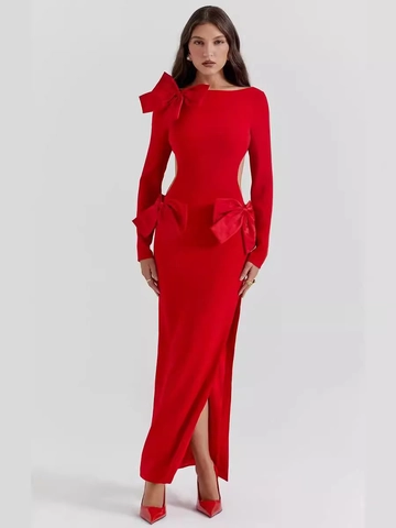Dames Rode Lange Mouwen Rugvrij Bodycon Jurk Met Strik Zijdelingse Openings Split Sexy Avondjurk Party Maxi Jurk