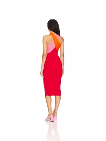 Damen Elegant Color Block Überkreuzt Halter Bodycon Midi Kleid Sommer Ärmellos Party Night Club Wear Patchwork Bandagen Kleid