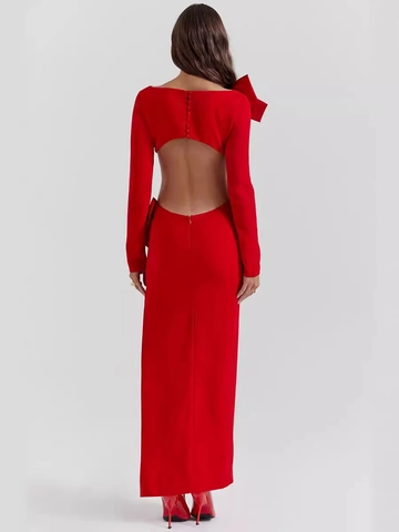 Dames Rode Lange Mouwen Rugvrij Bodycon Jurk Met Strik Zijdelingse Openings Split Sexy Avondjurk Party Maxi Jurk