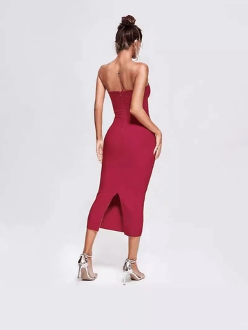 Sexy Women Strapless Bodycon Midi Dress Cut-out Front With Metal Ring Nightclub Party Slim Fit Solid Color Bandage Dress