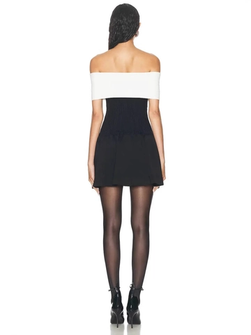 Vestido Mini Elegante de Mujer Bloque de Color Hombros Descubiertos Negro Blanco Lazo Strass Ajustado Verano Fiesta Banquete