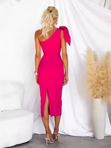 Damen Sexy Ein Schulter Schleife Midi Kleid Ärmellos Figurbetont Hinten Geschlitzt Elegant Abendgesellschaft Kleid Rosarot Schwarz Sommerkleid