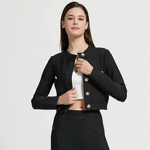 Women Elegant Slim Fit Short Jacket With Gold Buttons Long Sleeve Round Neck Polyester Outerwear For Spring Autumn