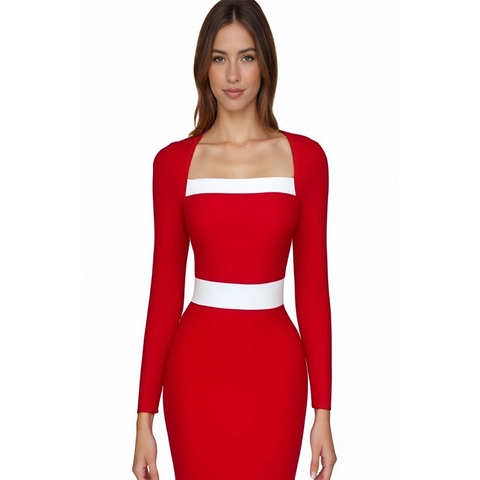 Elegant Square Neck Long Sleeve Bodycon Dress Contrast Color Patchwork Bandage Slim Fit Mini Dress For Women Fashion
