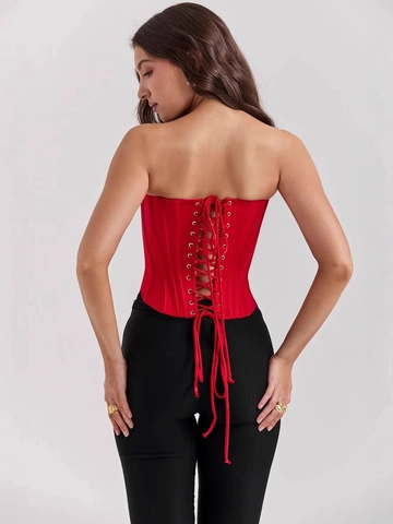 Top Corsetto Sexy Senza Schiena con Lacci per Donna Estivo Senza Spalline con Stecche Bustier Party Clubwear Orlo a Punta Tinta Unita
