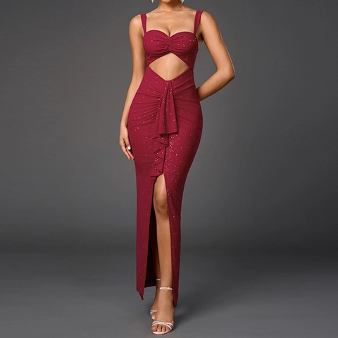 Sexy Weinrotes Netzgewebe Gerafftes Maxikleid Für Damen Hohl Geschnitten Rückenfrei Hoher Schlitz Bodycon Abendparty Langes Kleid
