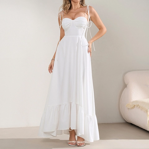 Damen Sexy Rückenfreies Smock Bustier Maxi Kleid Bindeträger Rüschensaum Sommer Urlaub Hohe Taille Streetwear Gewand