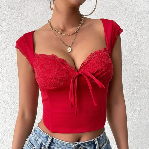 Women Sexy Lace Splicing Corset Top Backless Sweetheart Neck Bow Tie Crop Tank Top Streetwear Party Bodice