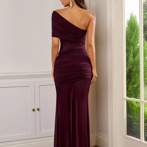 Damen One-Shoulder Gerafft Netz-Patchwork Maxikleid Sexy Durchsichtig Bodycon Langes Kleid Elegant Abendparty Clubwear
