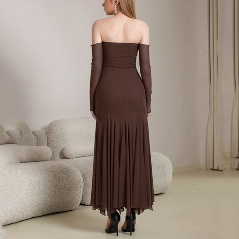 Vestito Lungo Donna Marrone Sexy in Rete Scollo a Barca Schiena Scoperta Pieghe Orlo a Sirena Manica Lunga Festa Sera